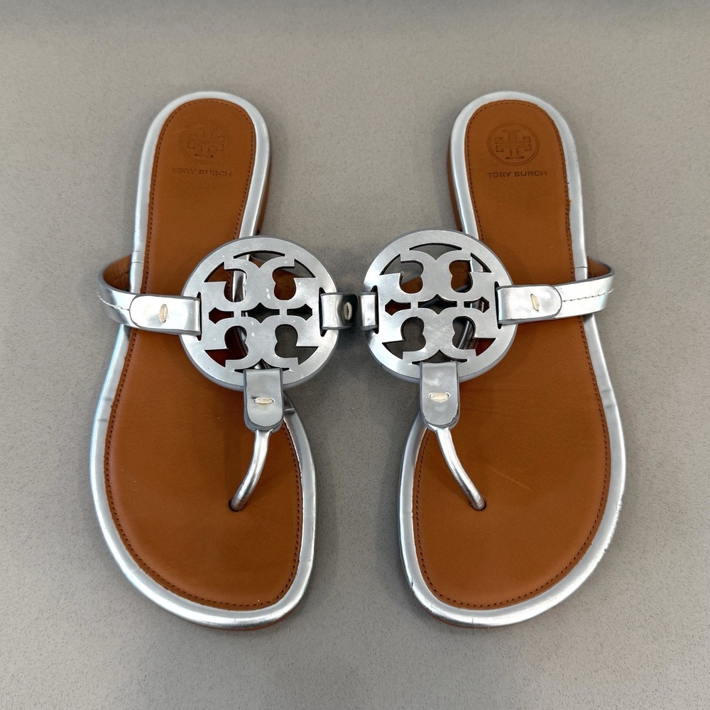 Tory Burch Miller Sandals Womens 10 Metallic Thong Double T Logo Resort Leather